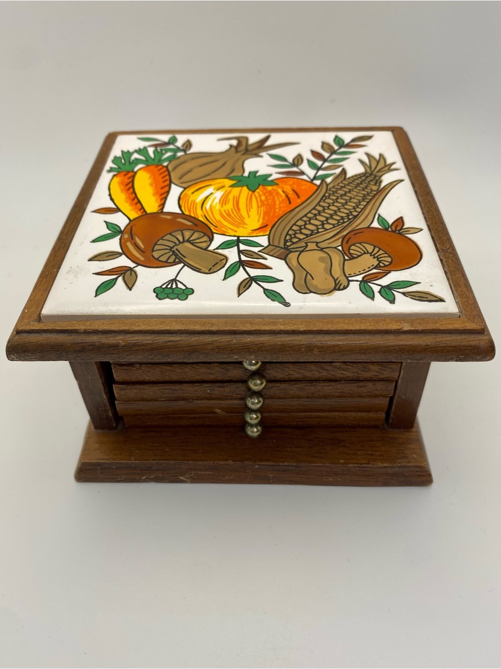 Vintage 1970’s wood and cork coaster set mushroom and veggies tile top retro MCM